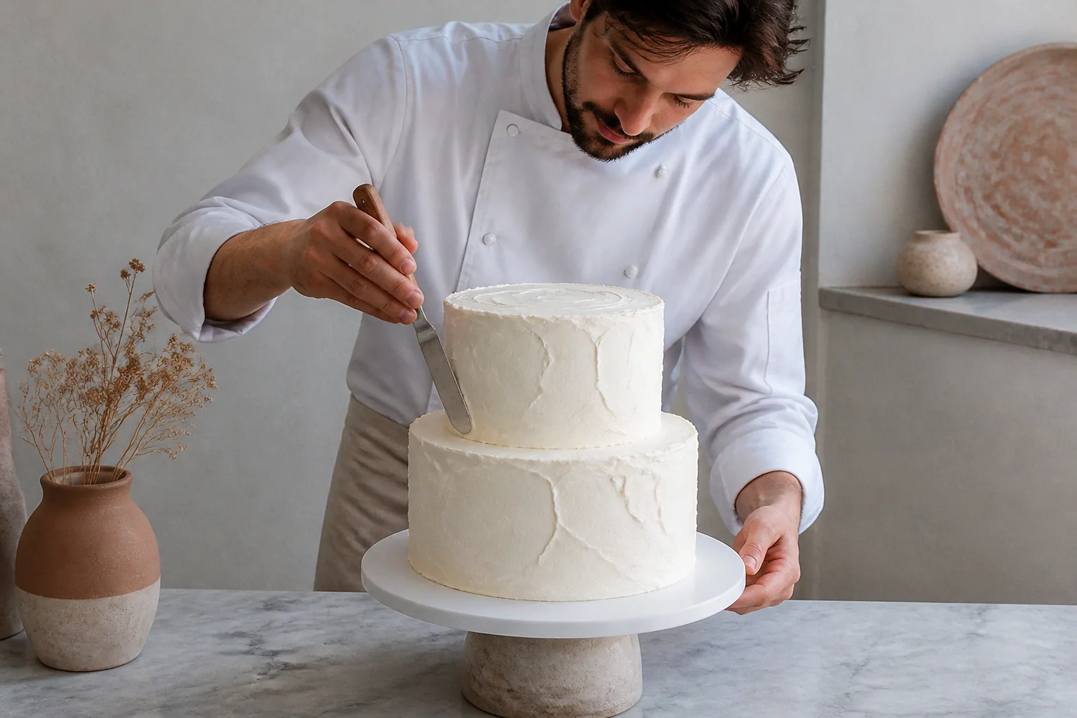 Gâteau de mariage préparé dans un atelier — illustration générée par IA