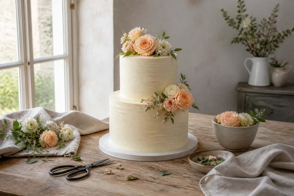 Gâteau de mariage préparé dans un atelier — illustration générée par IA