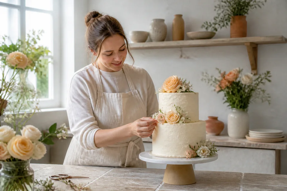 Gâteau de mariage préparé dans un atelier — illustration générée par IA