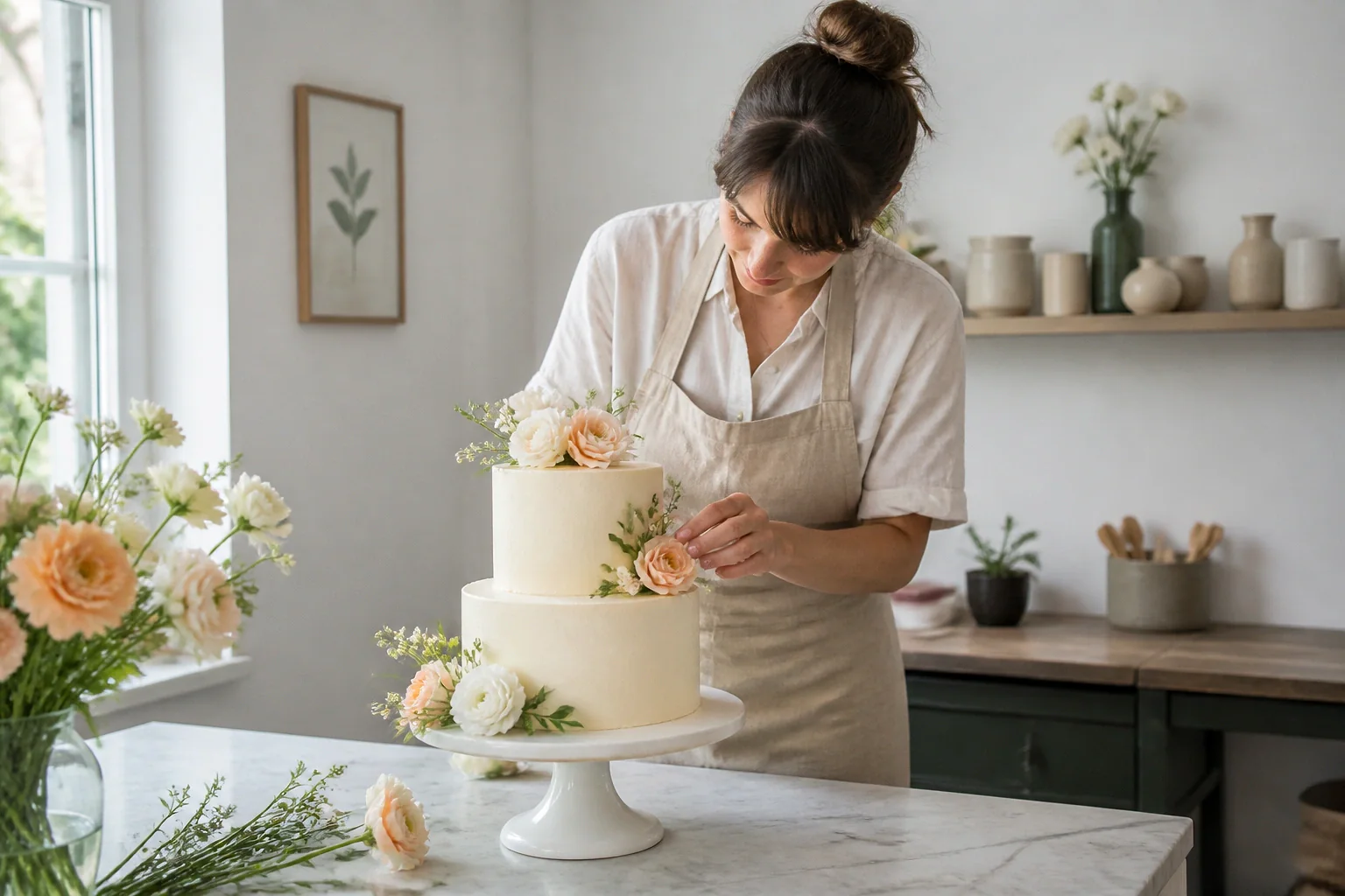 Gâteau de mariage préparé dans un atelier — illustration générée par IA