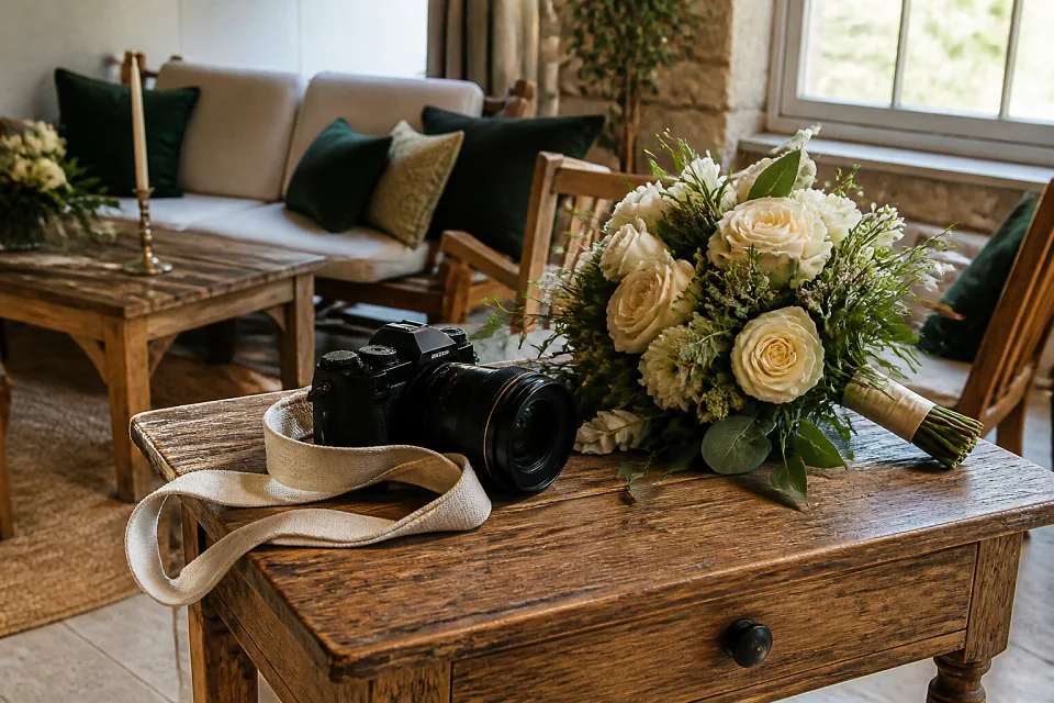 Appareil photo et accessoires de reportage de mariage — illustration générée par IA