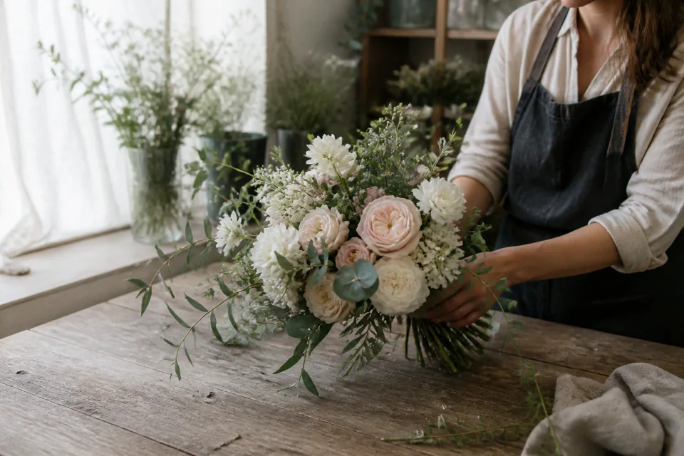 Préparation florale pour un mariage — illustration générée par IA