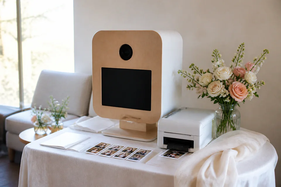 Borne photo installée pour une réception de mariage — illustration générée par IA