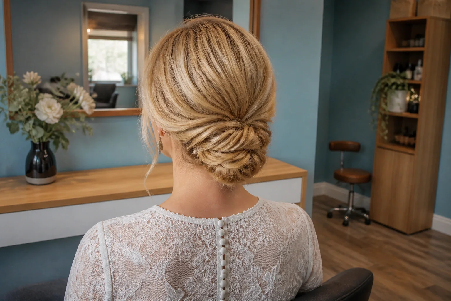 Coiffure de cérémonie vue pendant la préparation — illustration générée par IA