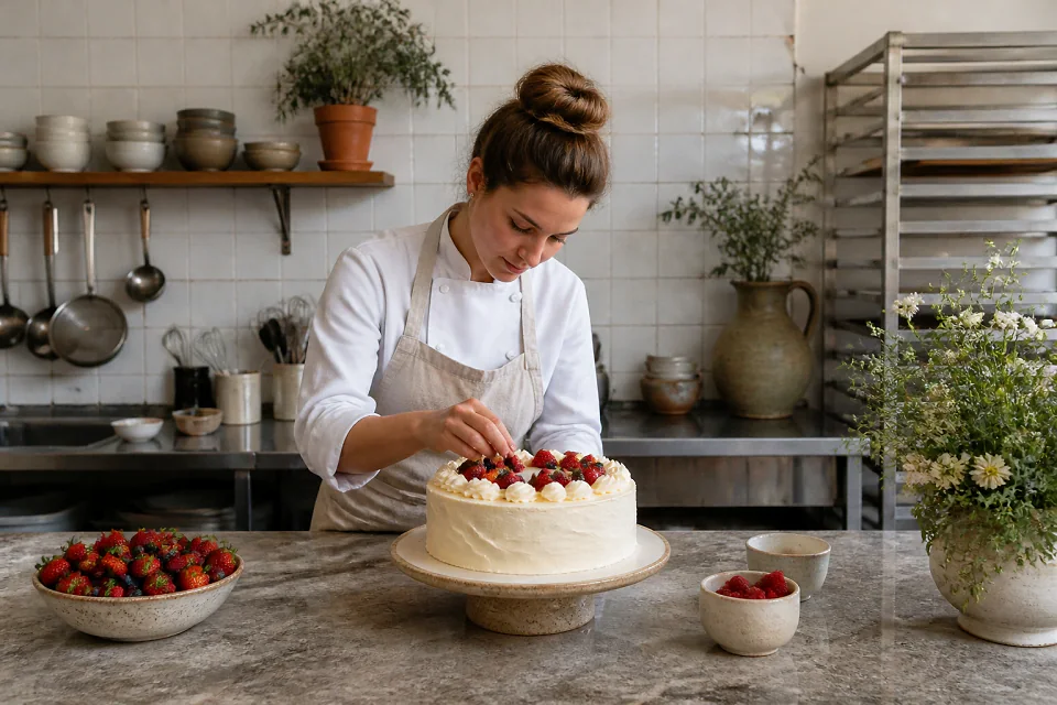Gâteau de mariage préparé dans un atelier — illustration générée par IA