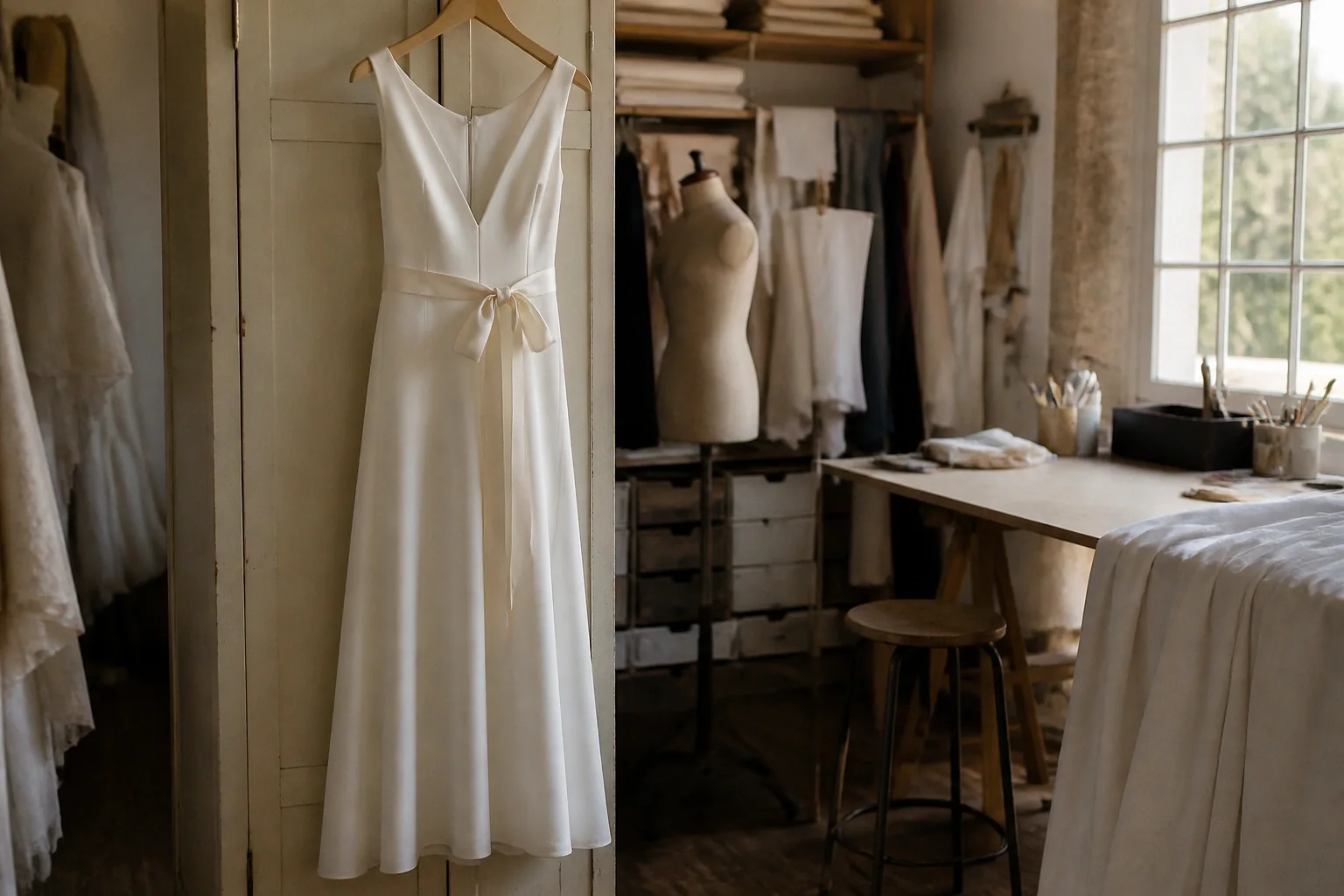 Robe de mariée dans un atelier de confection — illustration générée par IA