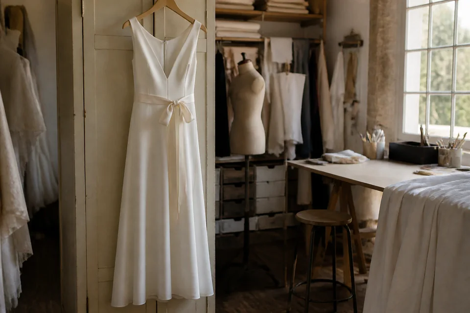 Robe de mariée dans un atelier de confection — illustration générée par IA