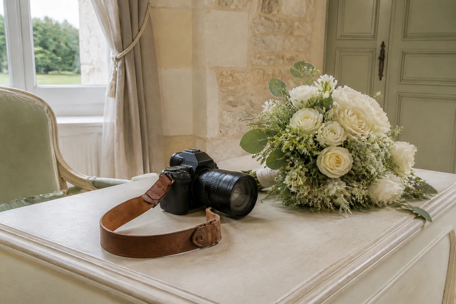 Appareil photo et accessoires de reportage de mariage — illustration générée par IA