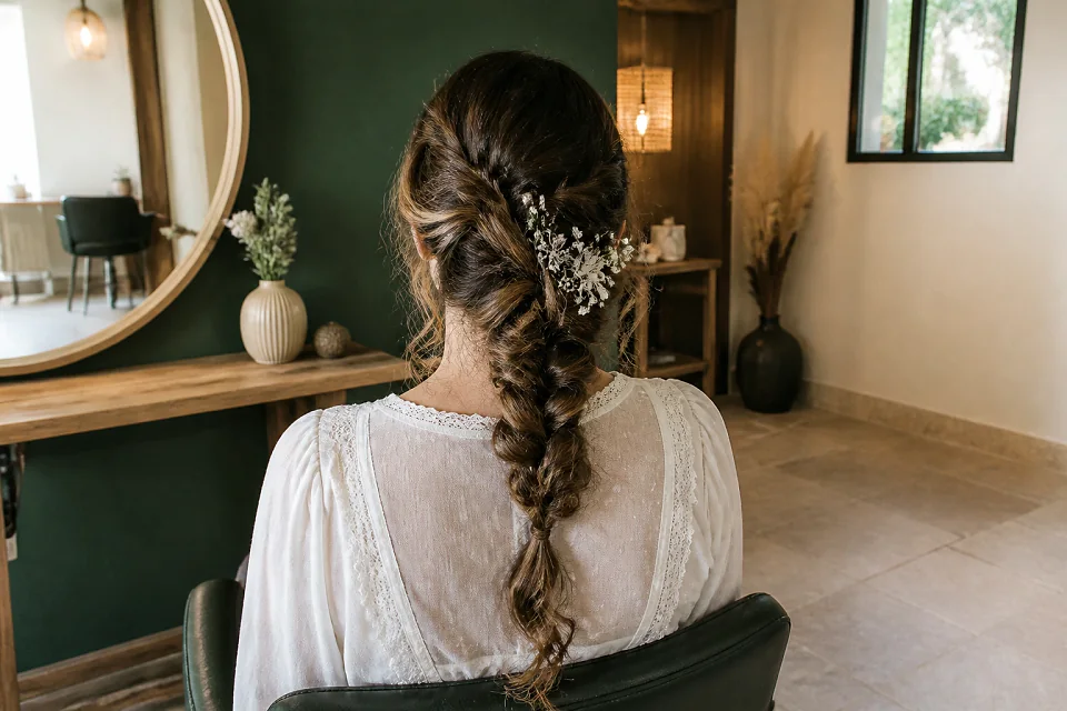 Coiffure de cérémonie vue pendant la préparation — illustration générée par IA