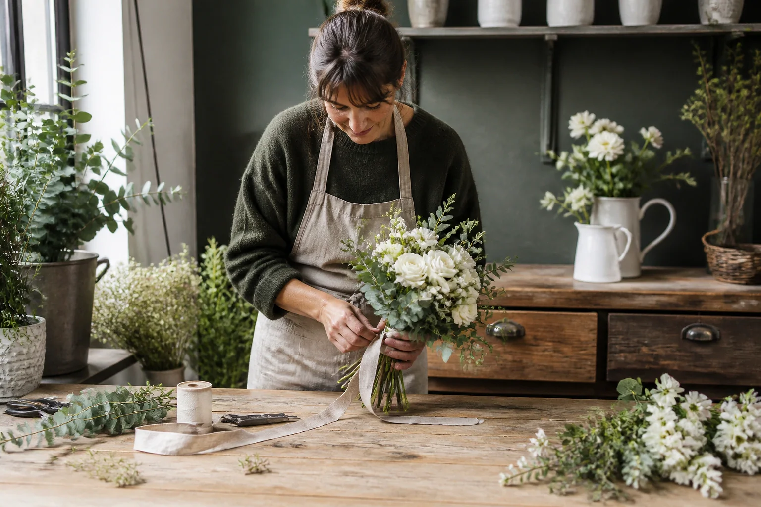 Préparation florale pour un mariage — illustration générée par IA