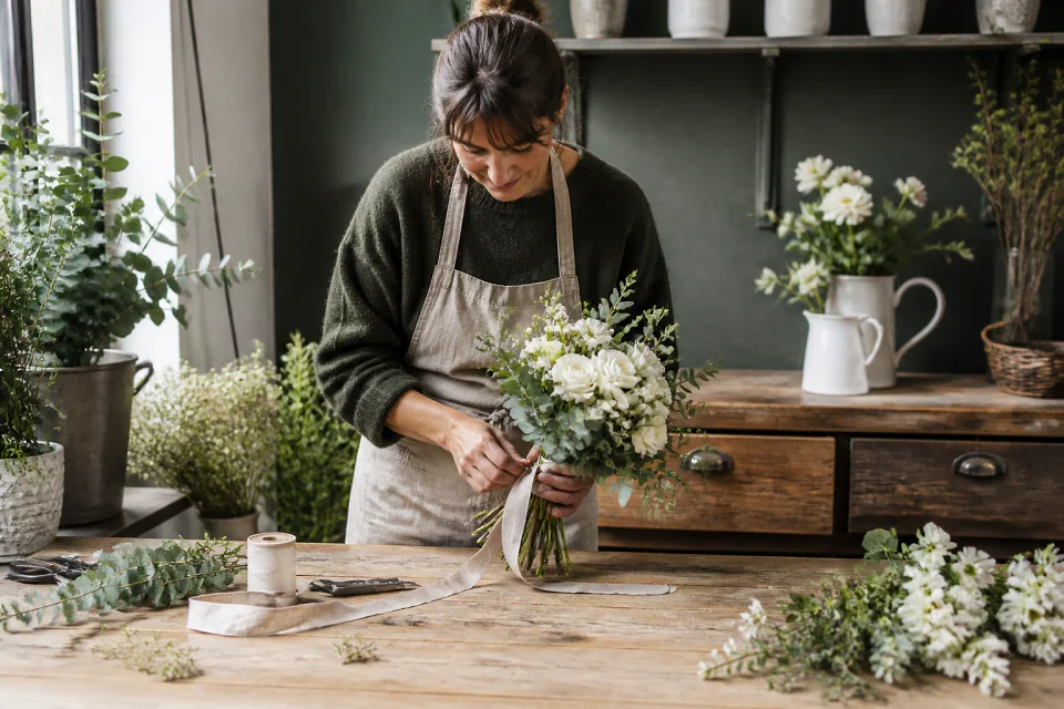 Préparation florale pour un mariage — illustration générée par IA