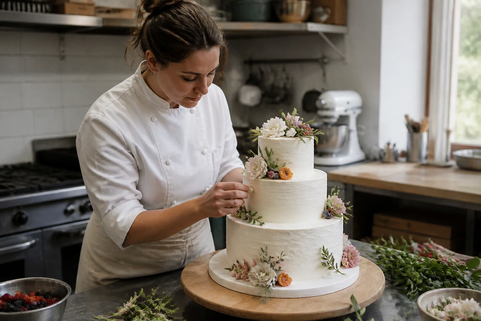 Gâteau de mariage préparé dans un atelier — illustration générée par IA