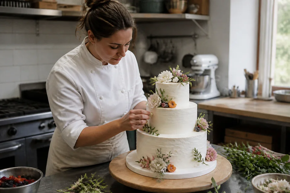 Gâteau de mariage préparé dans un atelier — illustration générée par IA