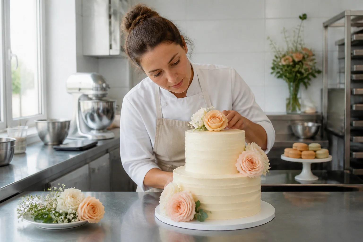 Gâteau de mariage préparé dans un atelier — illustration générée par IA