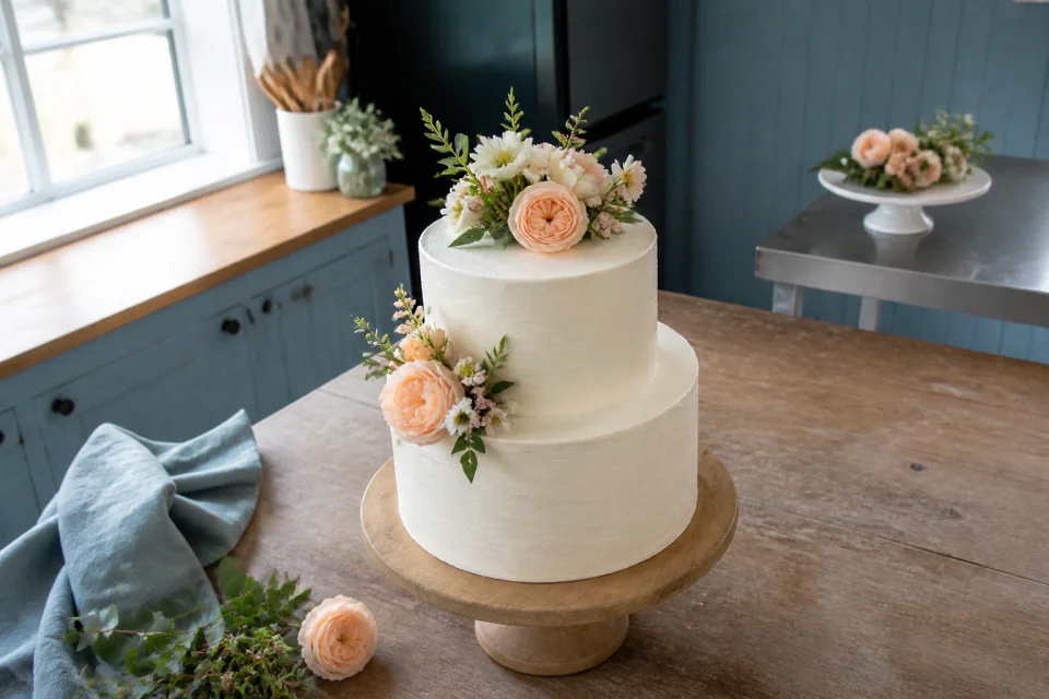 Gâteau de mariage préparé dans un atelier — illustration générée par IA