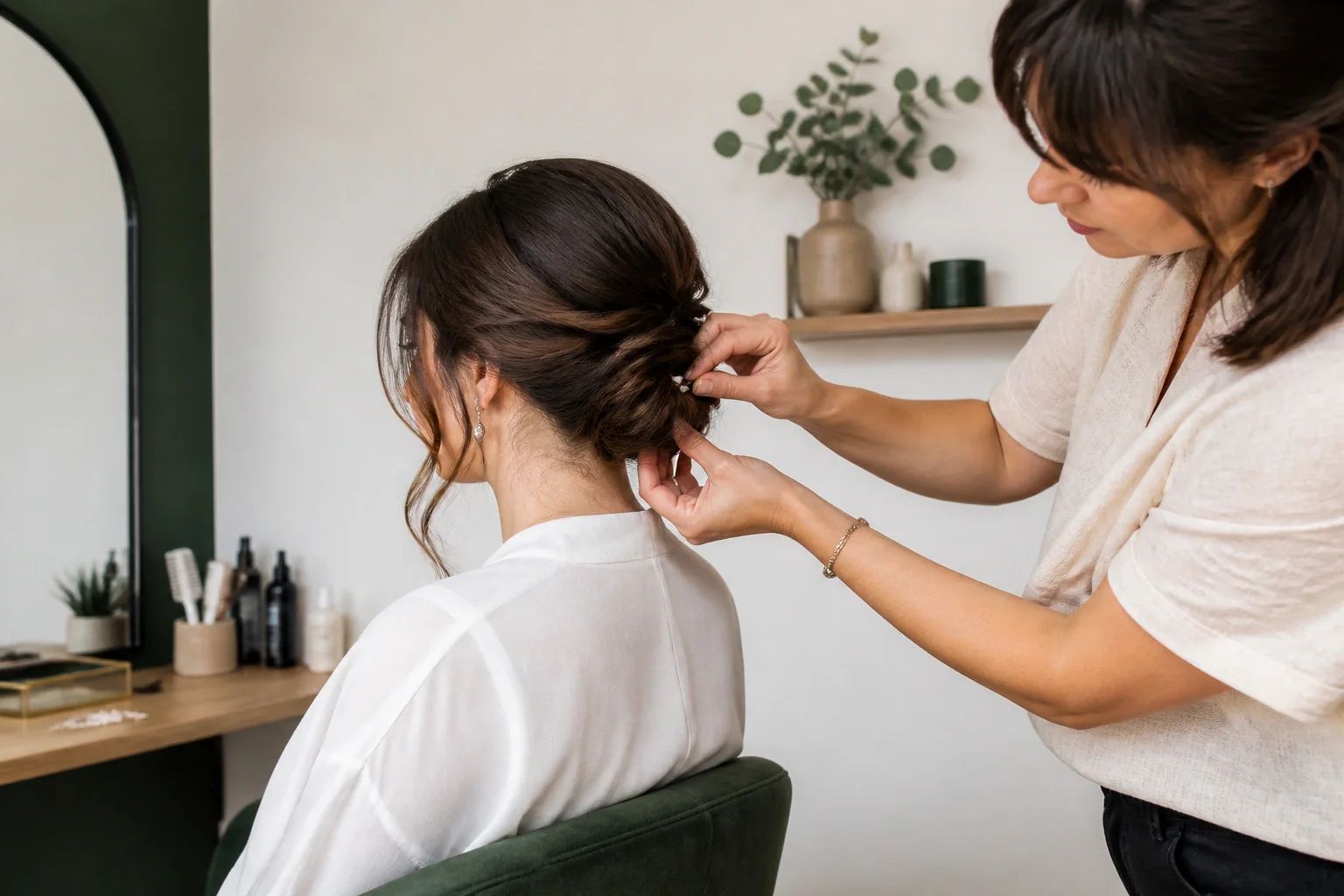 Coiffure de cérémonie vue pendant la préparation — illustration générée par IA