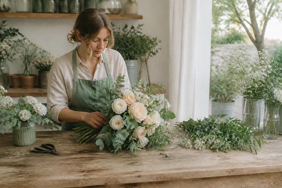 Préparation florale pour un mariage — illustration générée par IA