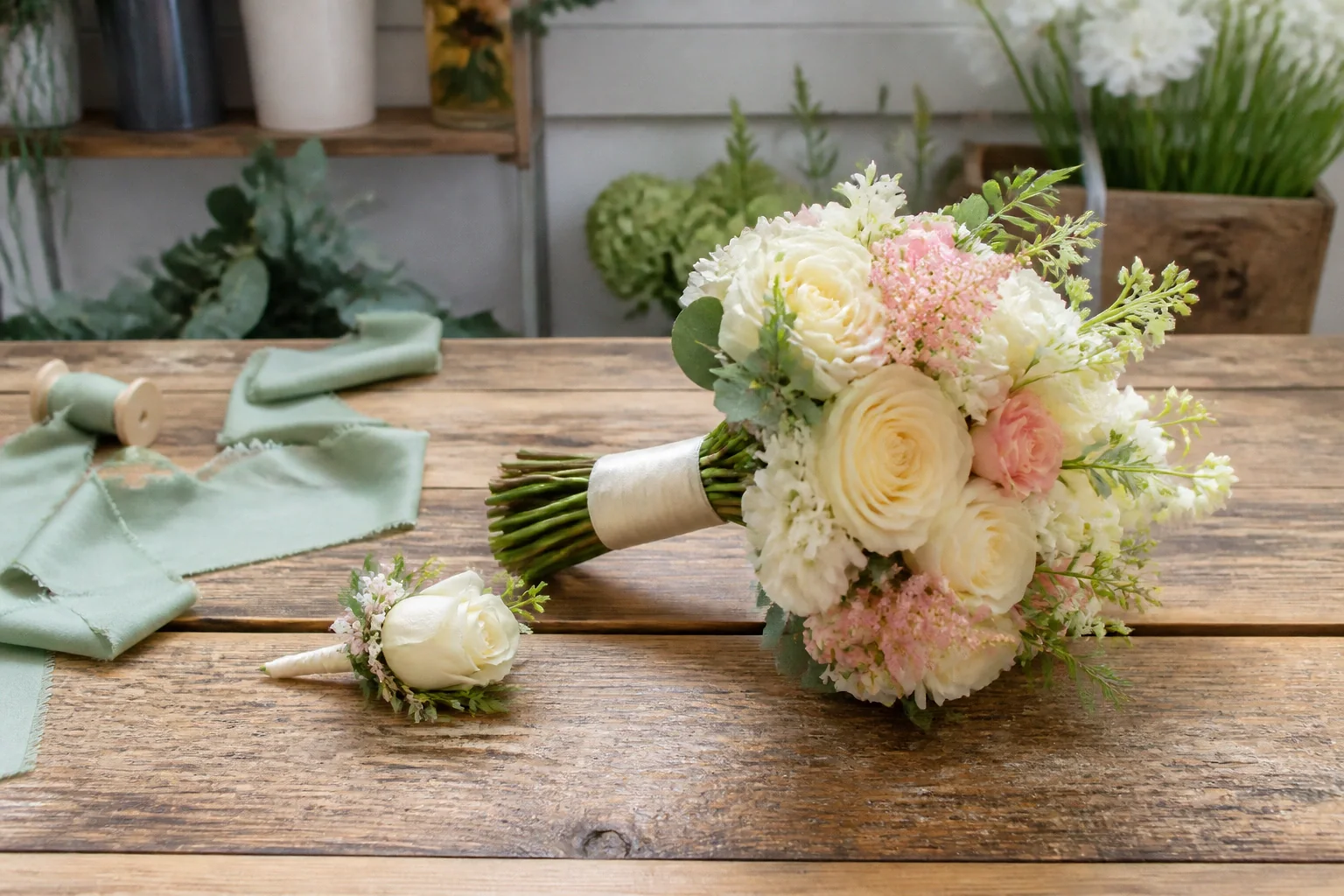 Préparation florale pour un mariage — illustration générée par IA