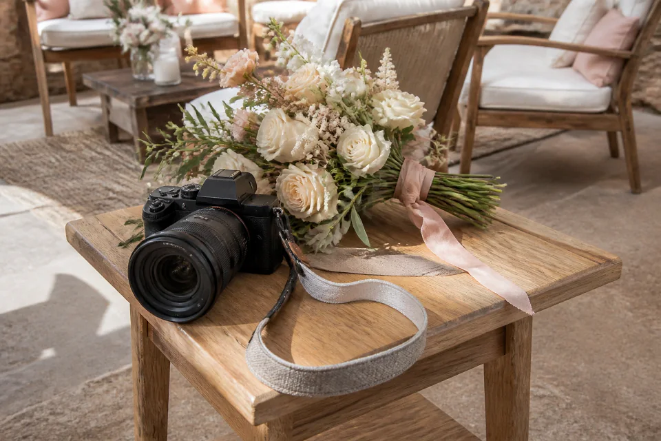 Appareil photo et accessoires de reportage de mariage — illustration générée par IA