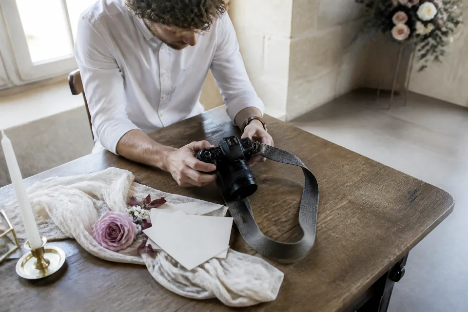 Appareil photo et accessoires de reportage de mariage — illustration générée par IA