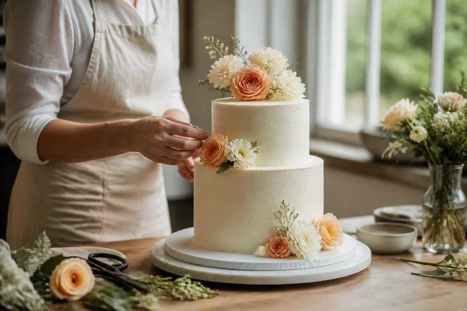 Gâteau de mariage préparé dans un atelier — illustration générée par IA