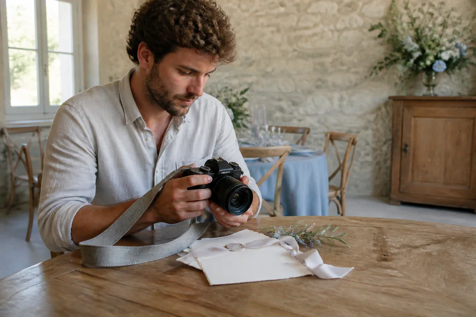 Appareil photo et accessoires de reportage de mariage — illustration générée par IA