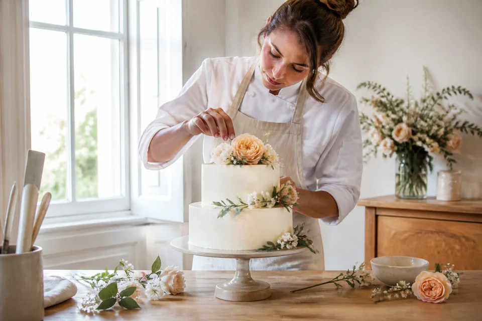 Gâteau de mariage préparé dans un atelier — illustration générée par IA