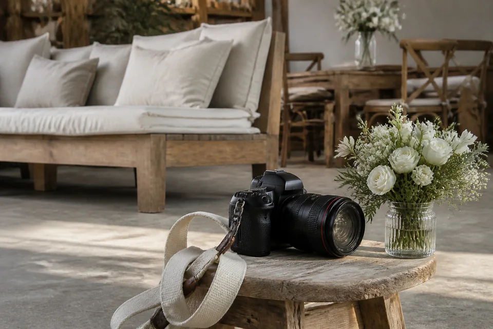 Appareil photo et accessoires de reportage de mariage — illustration générée par IA