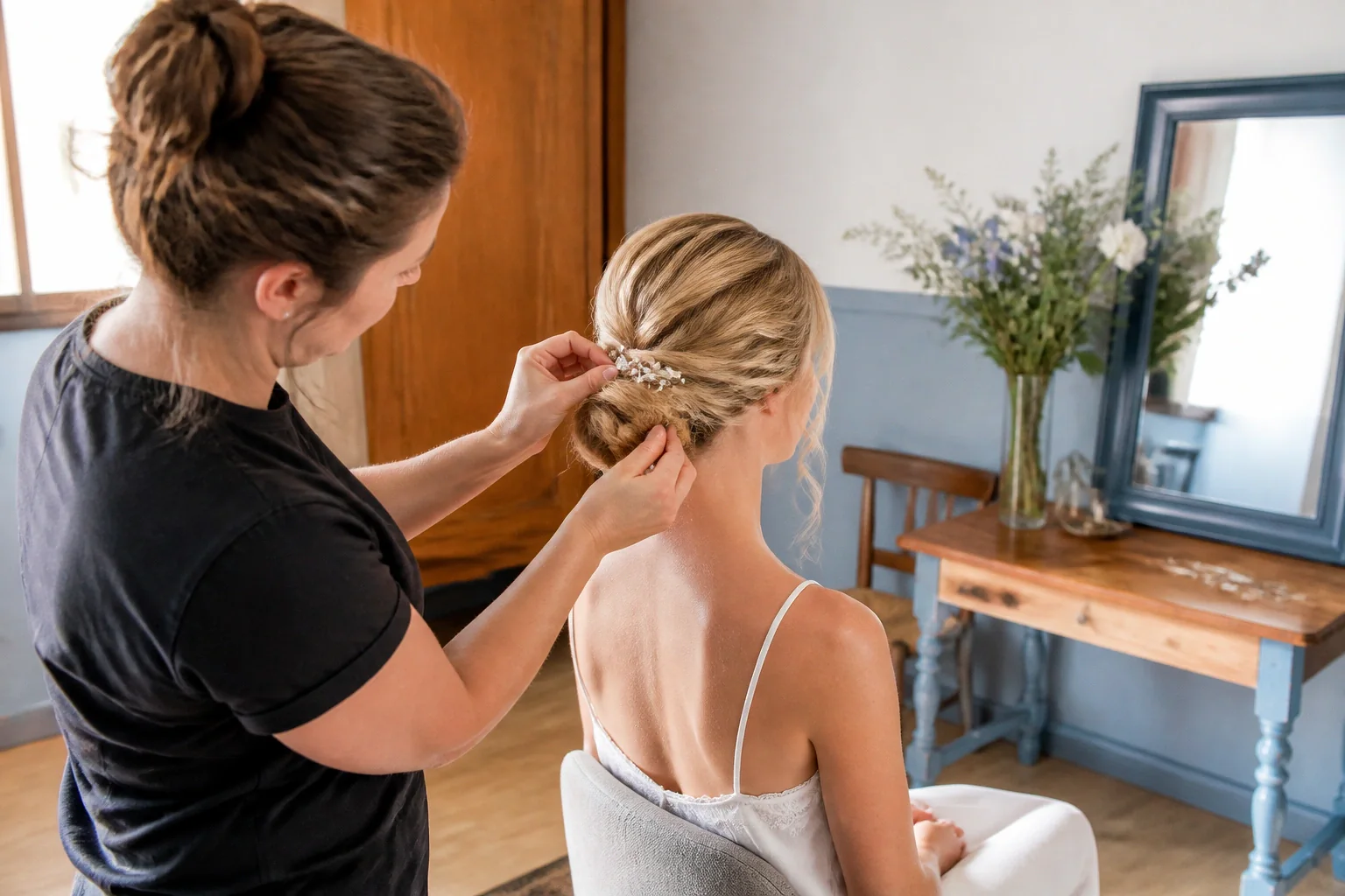 Coiffure de cérémonie vue pendant la préparation — illustration générée par IA