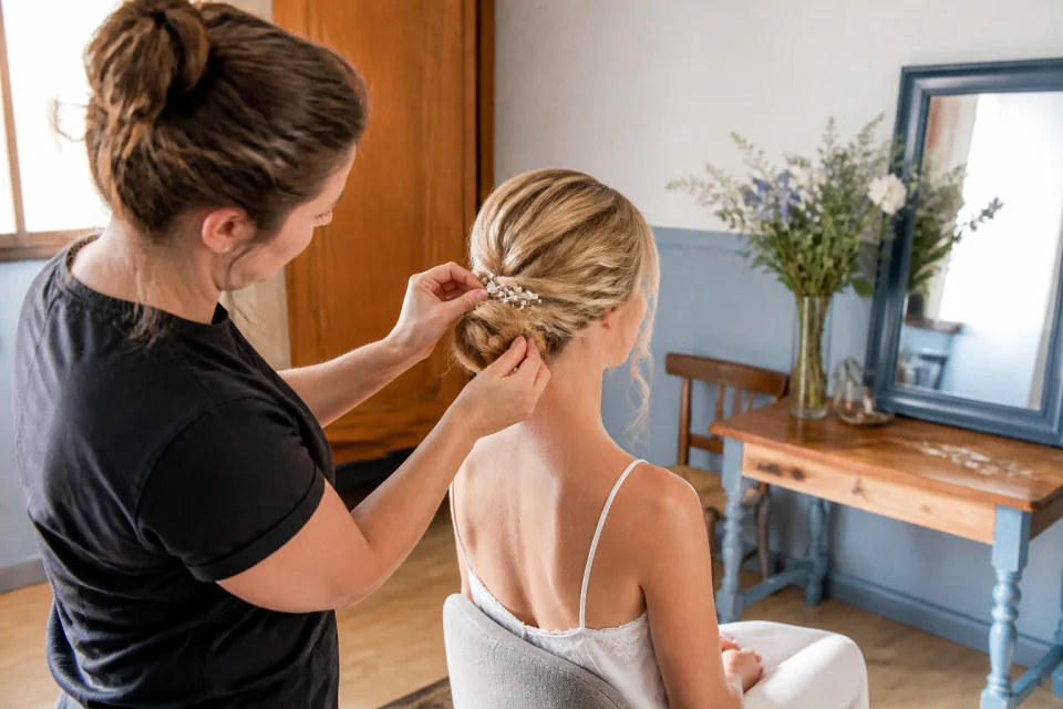 Coiffure de cérémonie vue pendant la préparation — illustration générée par IA