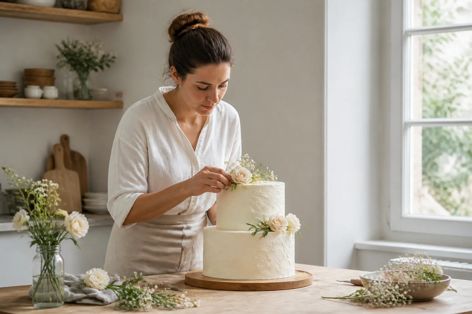 Gâteau de mariage préparé dans un atelier — illustration générée par IA