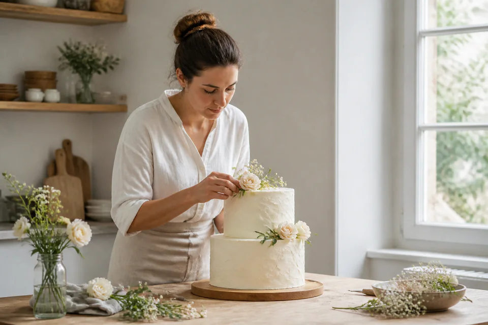 Gâteau de mariage préparé dans un atelier — illustration générée par IA