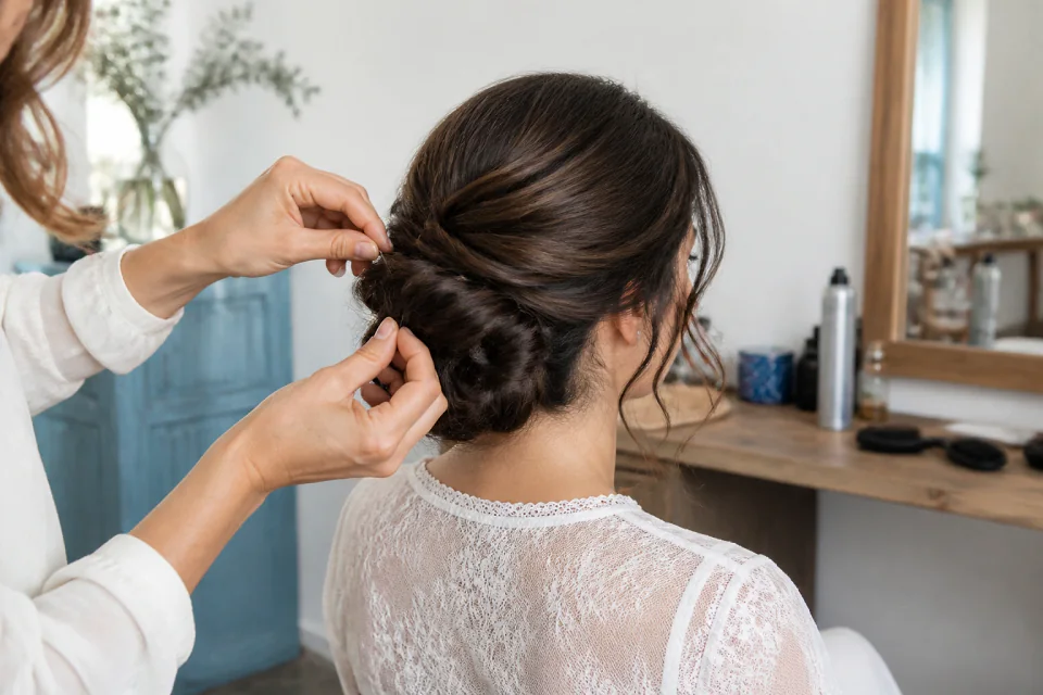 Coiffure de cérémonie vue pendant la préparation — illustration générée par IA