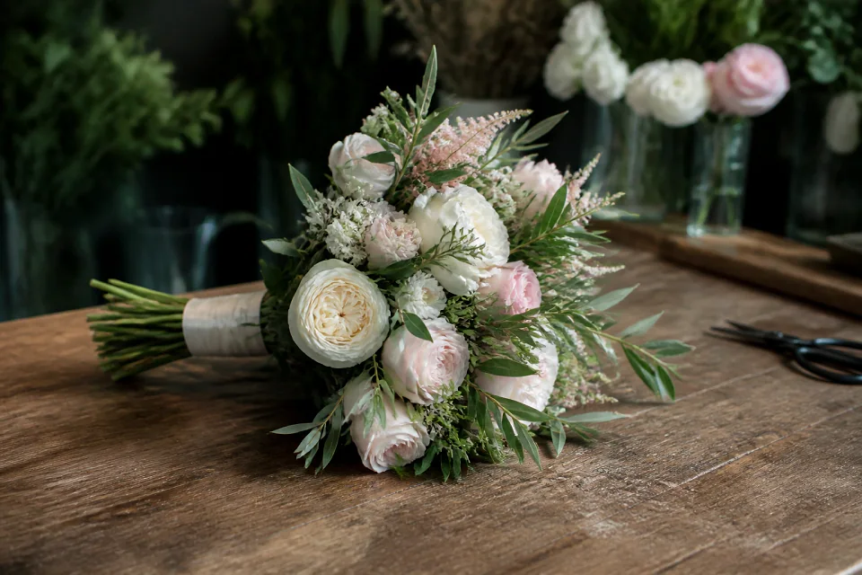 Préparation florale pour un mariage — illustration générée par IA