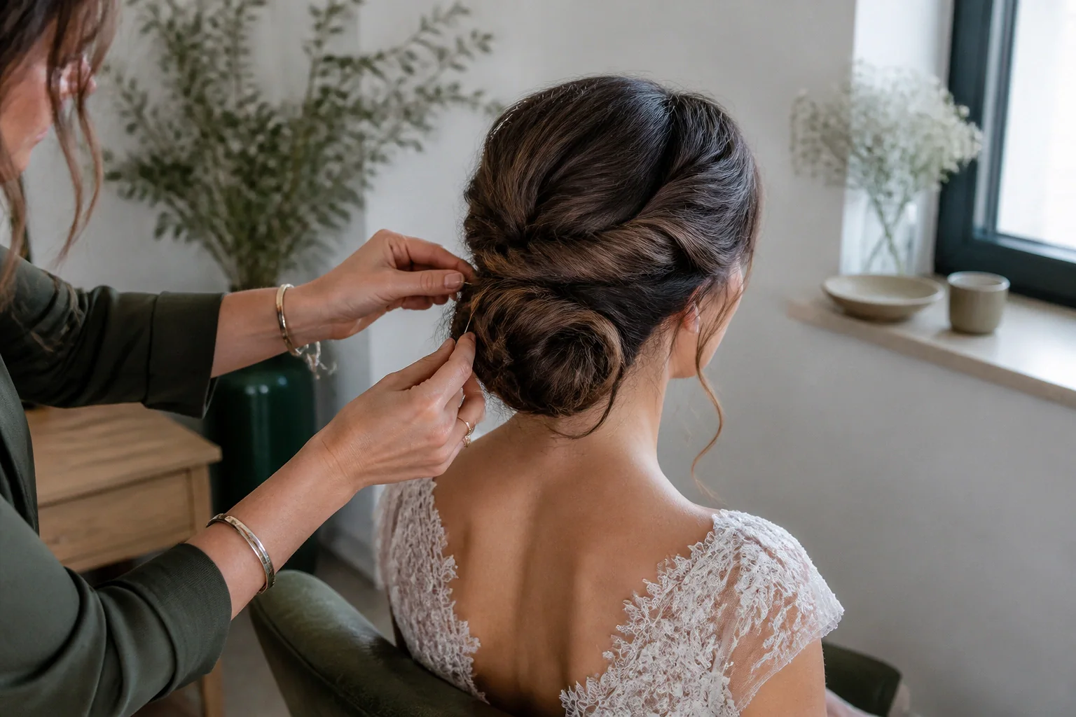 Coiffure de cérémonie vue pendant la préparation — illustration générée par IA