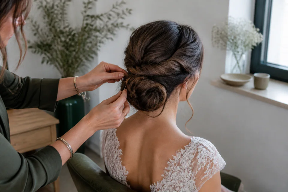 Coiffure de cérémonie vue pendant la préparation — illustration générée par IA