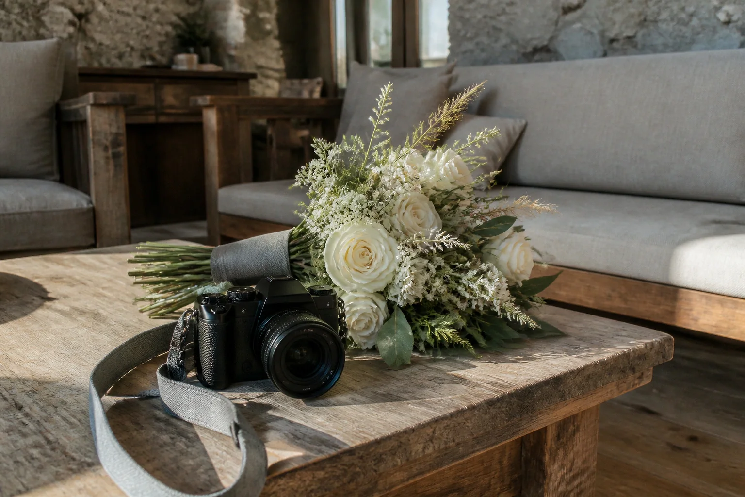 Appareil photo et accessoires de reportage de mariage — illustration générée par IA