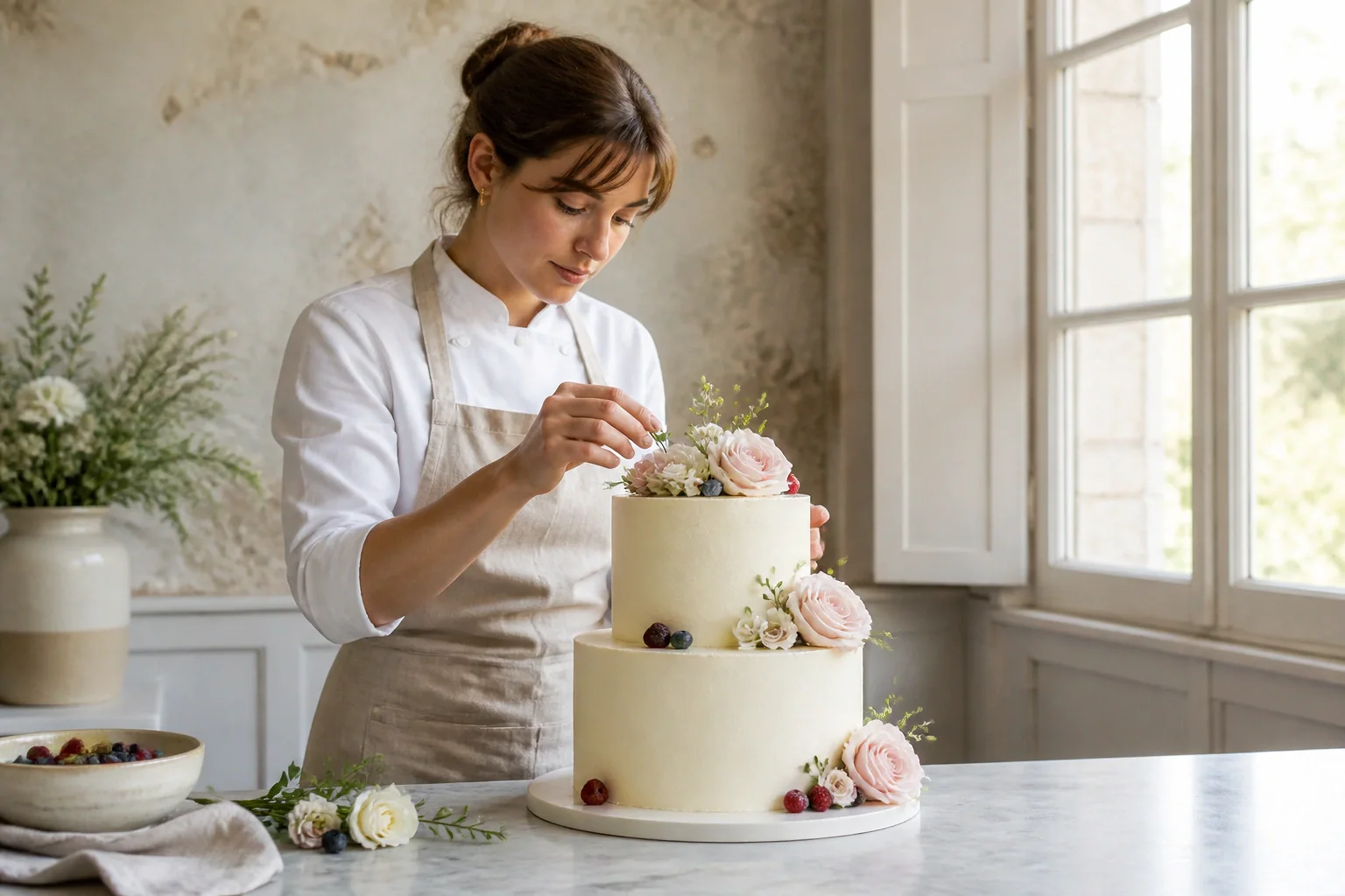 Gâteau de mariage préparé dans un atelier — illustration générée par IA