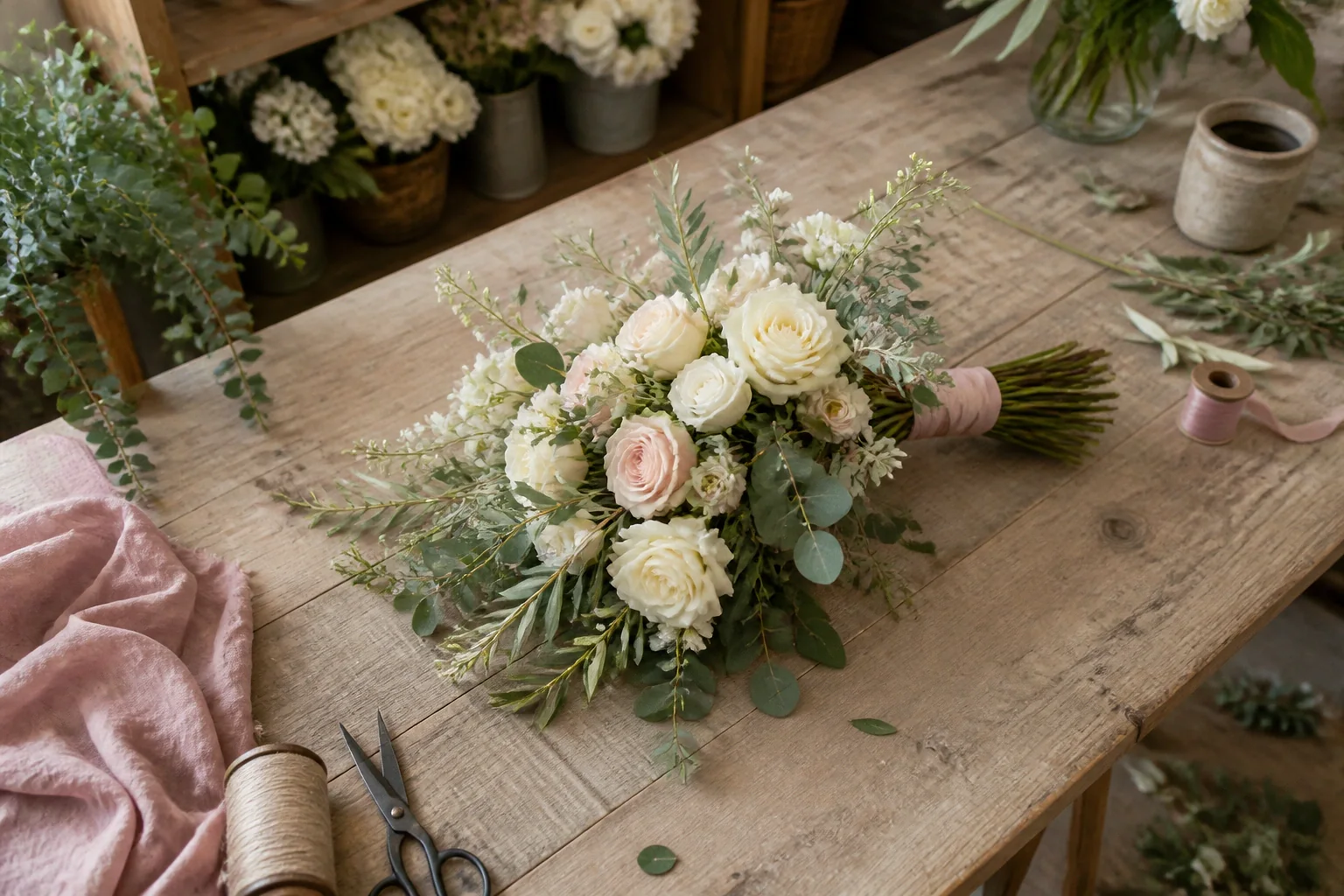 Préparation florale pour un mariage — illustration générée par IA