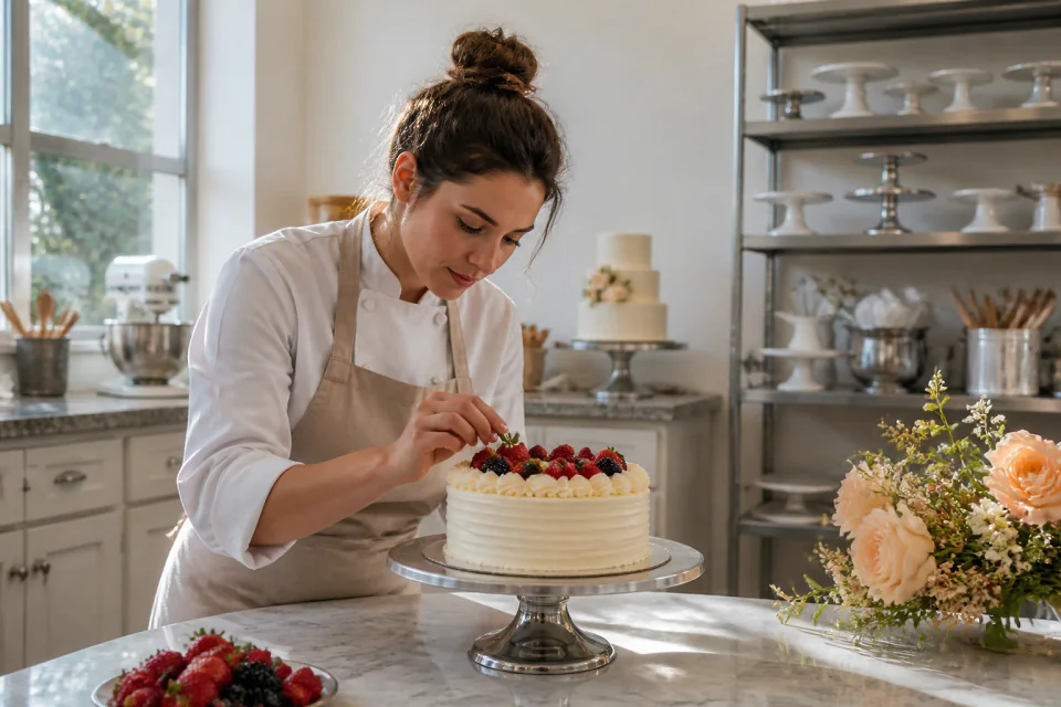 Gâteau de mariage préparé dans un atelier — illustration générée par IA