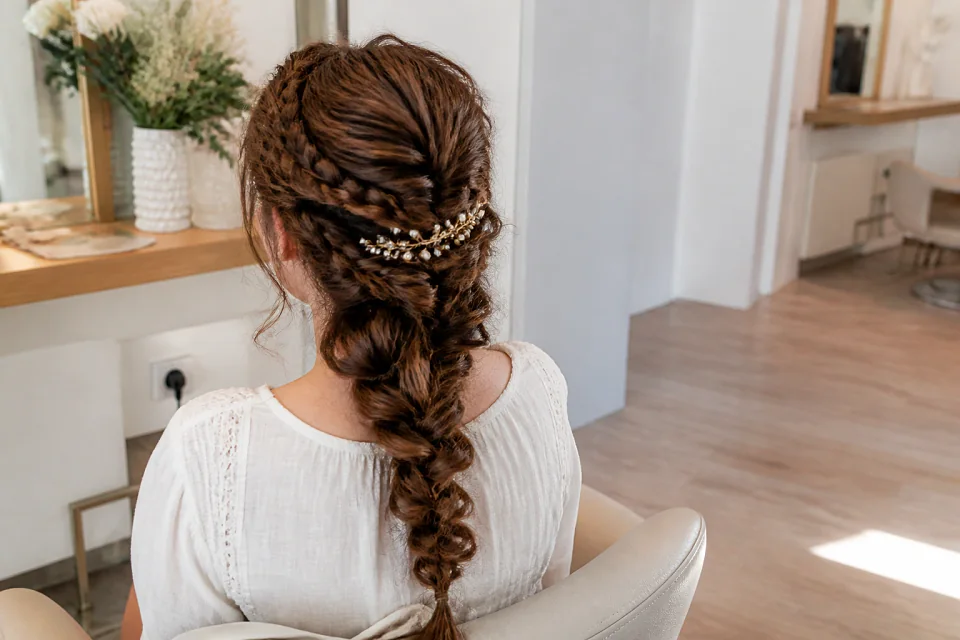 Coiffure de cérémonie vue pendant la préparation — illustration générée par IA
