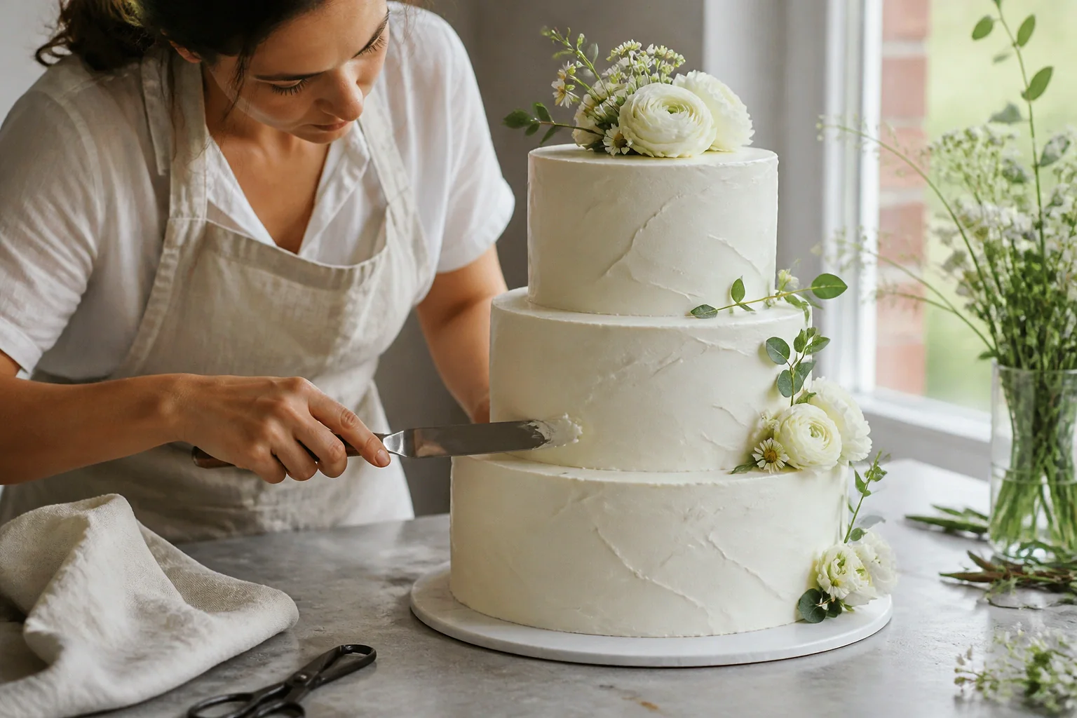 Gâteau de mariage préparé dans un atelier — illustration générée par IA