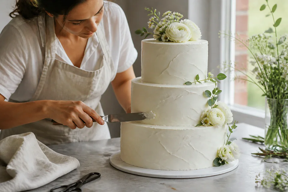 Gâteau de mariage préparé dans un atelier — illustration générée par IA