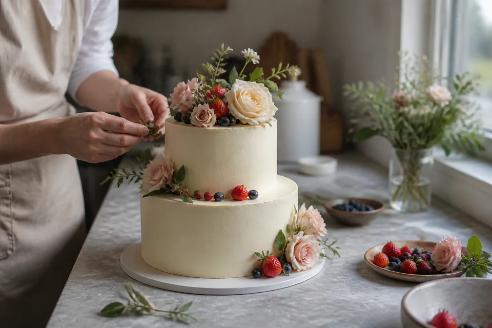 Gâteau de mariage préparé dans un atelier — illustration générée par IA