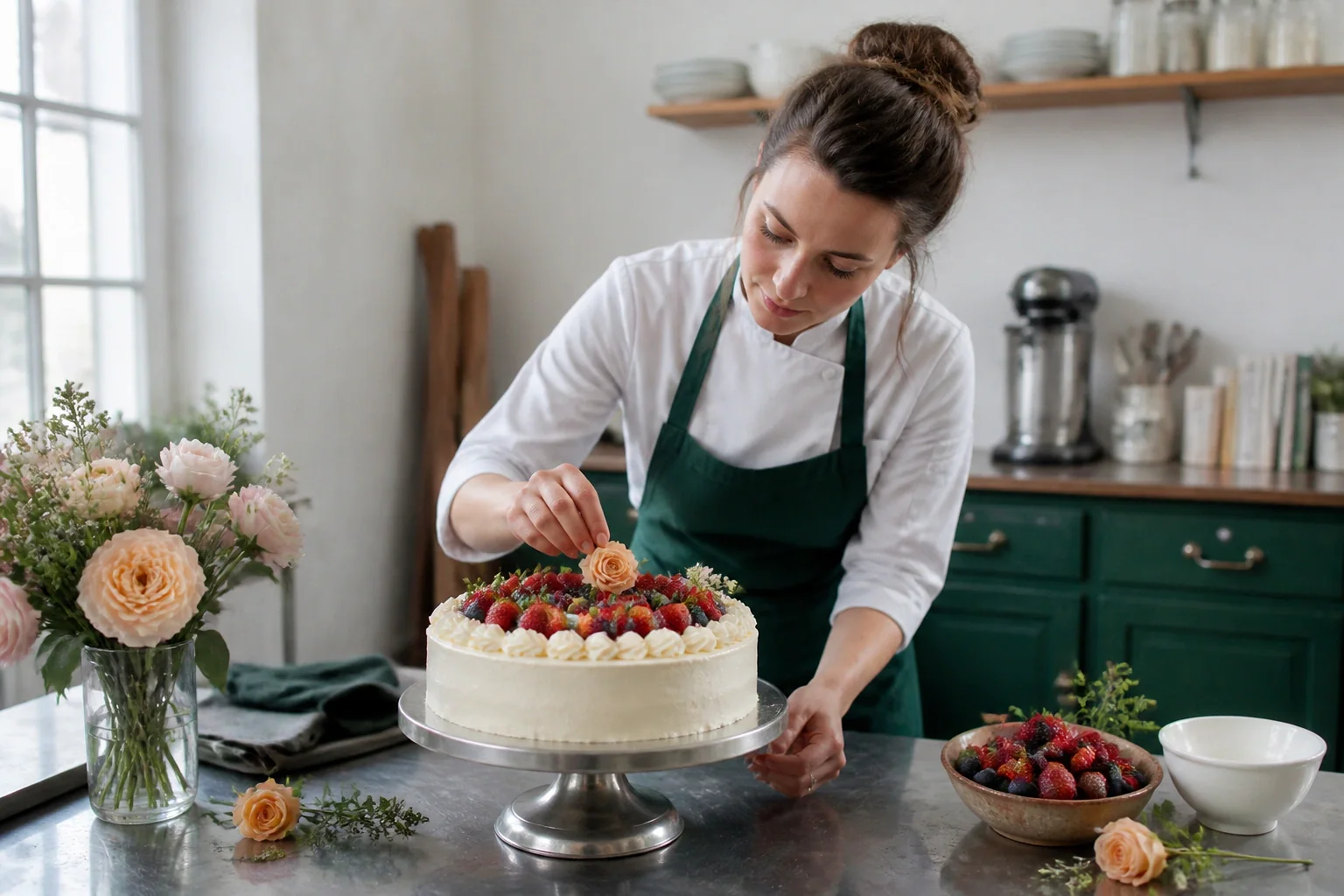 Gâteau de mariage préparé dans un atelier — illustration générée par IA