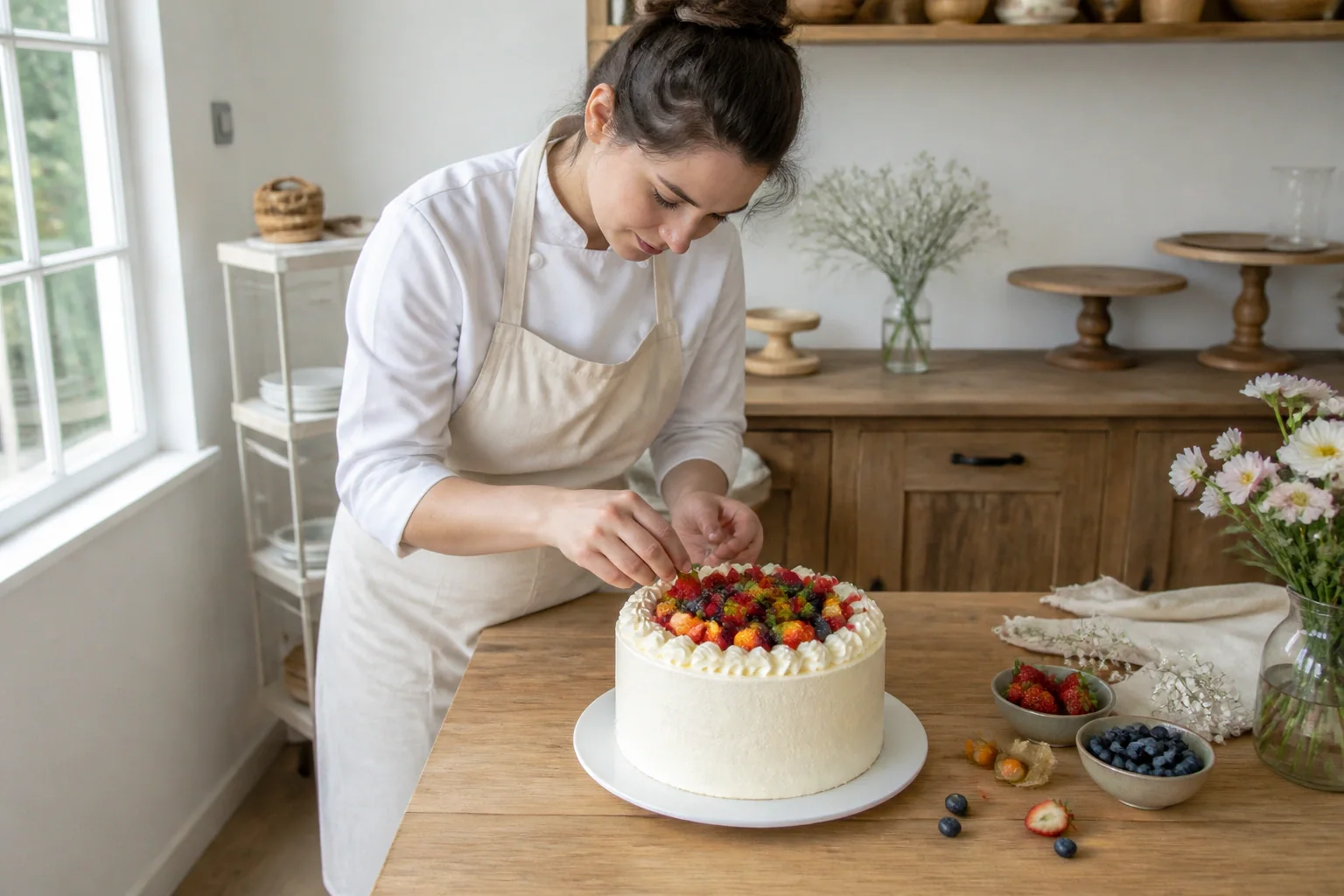 Gâteau de mariage préparé dans un atelier — illustration générée par IA