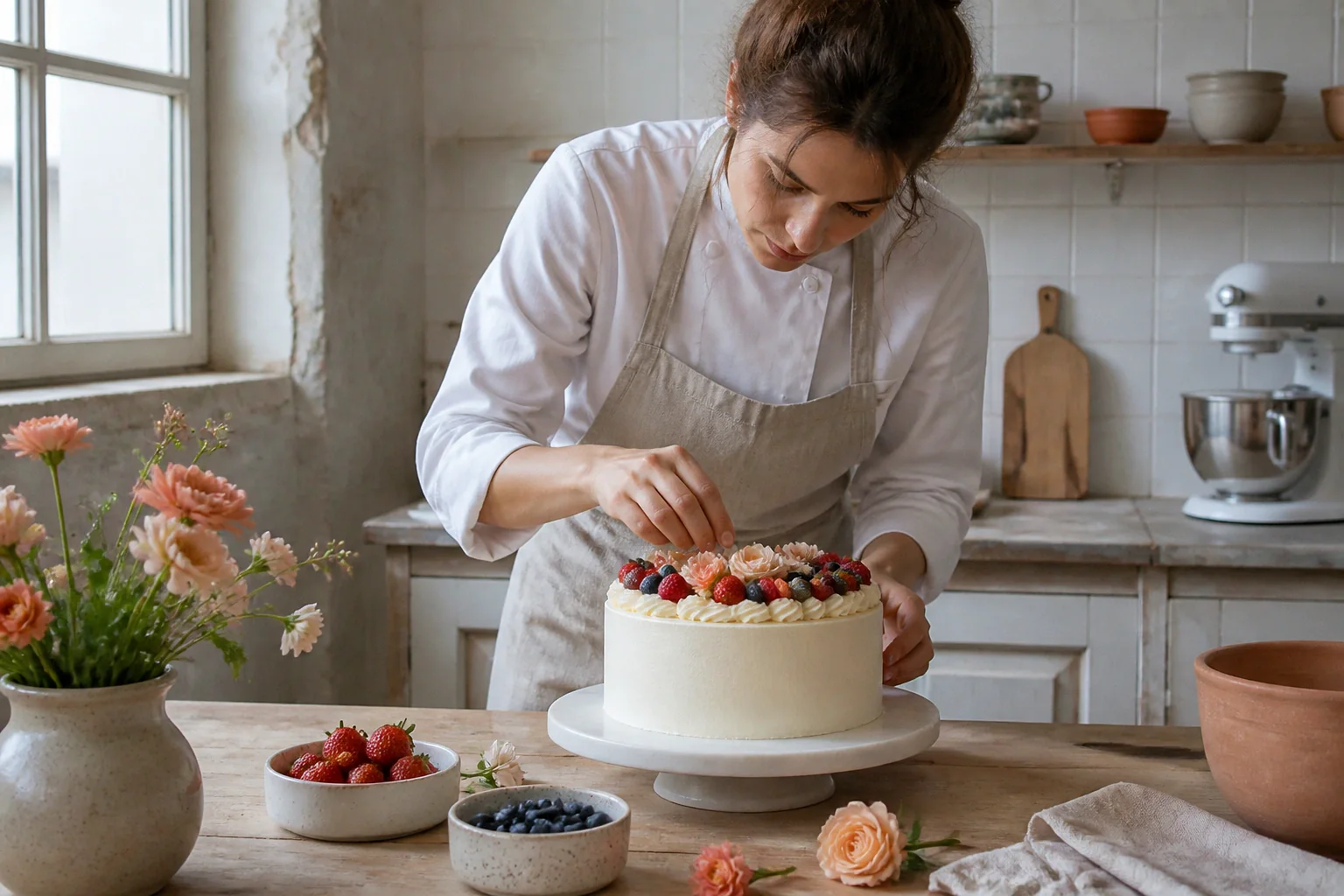 Gâteau de mariage préparé dans un atelier — illustration générée par IA