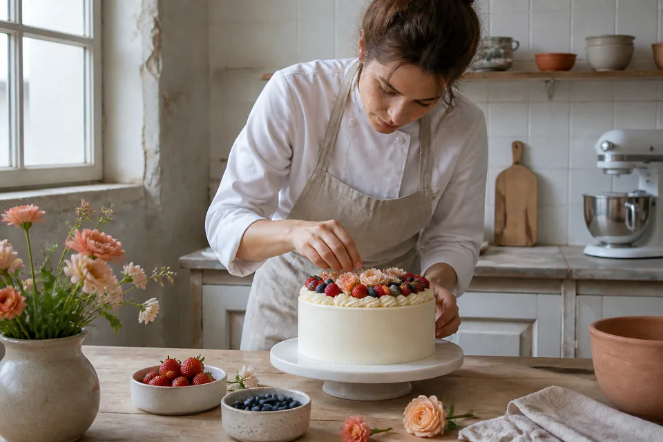 Gâteau de mariage préparé dans un atelier — illustration générée par IA