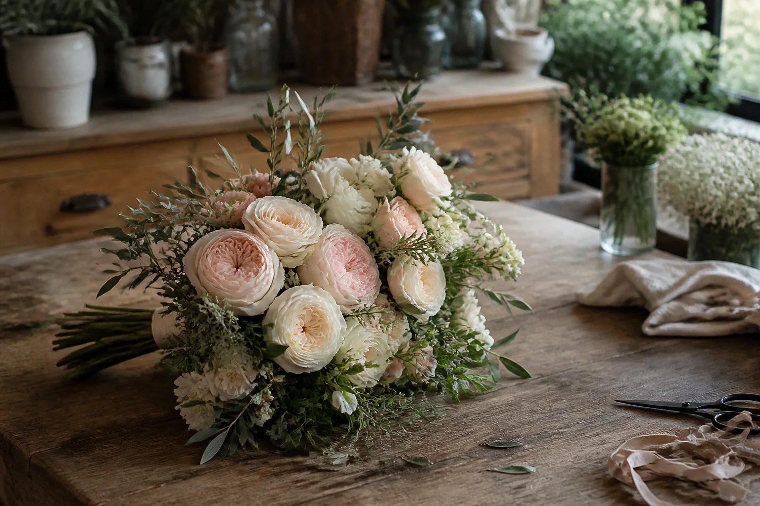 Préparation florale pour un mariage — illustration générée par IA