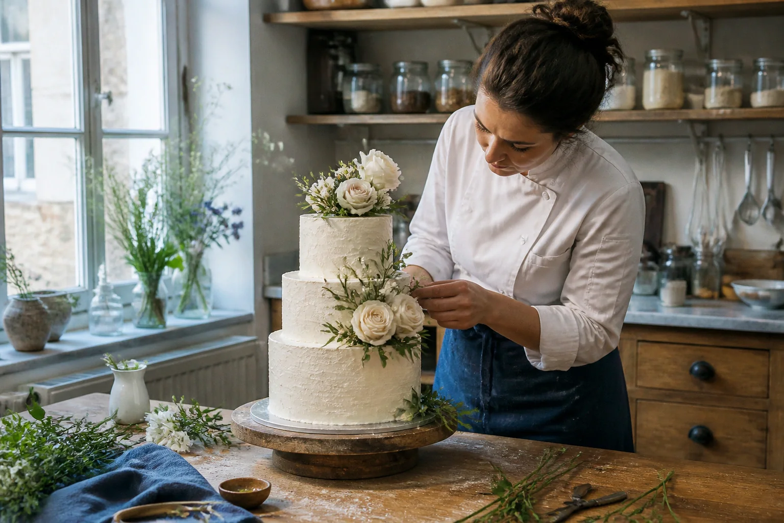 Gâteau de mariage préparé dans un atelier — illustration générée par IA
